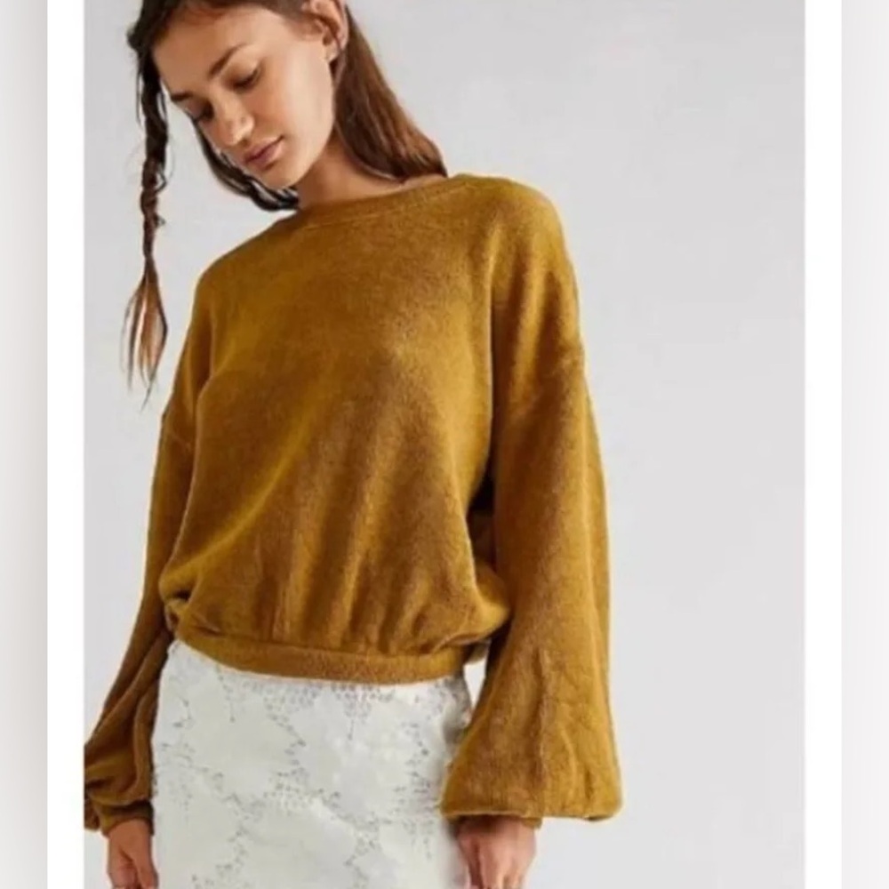 Free People FP Beach Chenille Puff Sleeve Happy Pullover In Mustard Yellow